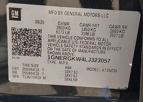 2020 Chevrolet Traverse Fwd Lt Cloth z USA, uszkodzony, nr VIN 1GNERGKW4LJ323057